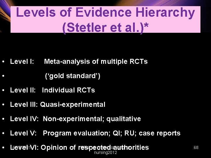 Levels of Evidence Hierarchy (Stetler et al. )* • Level I: Meta-analysis of multiple