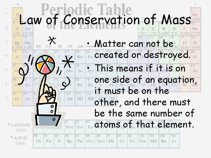 Law of Conservation of Mass • Matter can not be created or destroyed. •