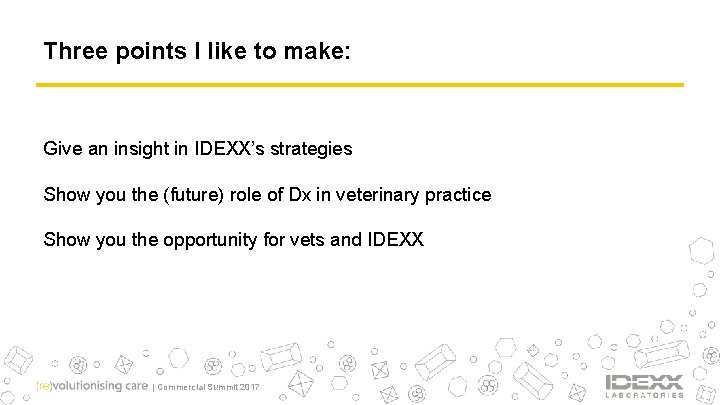 Three points I like to make: Give an insight in IDEXX’s strategies Show you