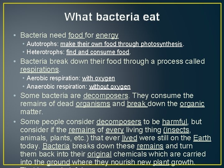 What bacteria eat • Bacteria need food for energy • Autotrophs: make their own