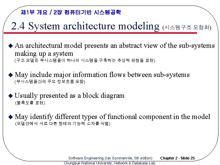 제 1부 개요 / 2장 컴퓨터기반 시스템공학 2. 4 System architecture modeling (시스템구조 모형화) 제 1부 개요 / 2장 컴퓨터기반 시스템공학 2. 4 System architecture modeling (시스템구조 모형화)