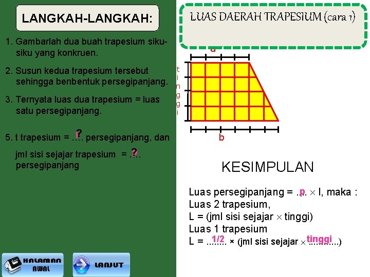 LUAS DAERAH TRAPESIUM (cara 1) LANGKAH-LANGKAH: 1. Gambarlah dua buah trapesium siku yang konkruen.