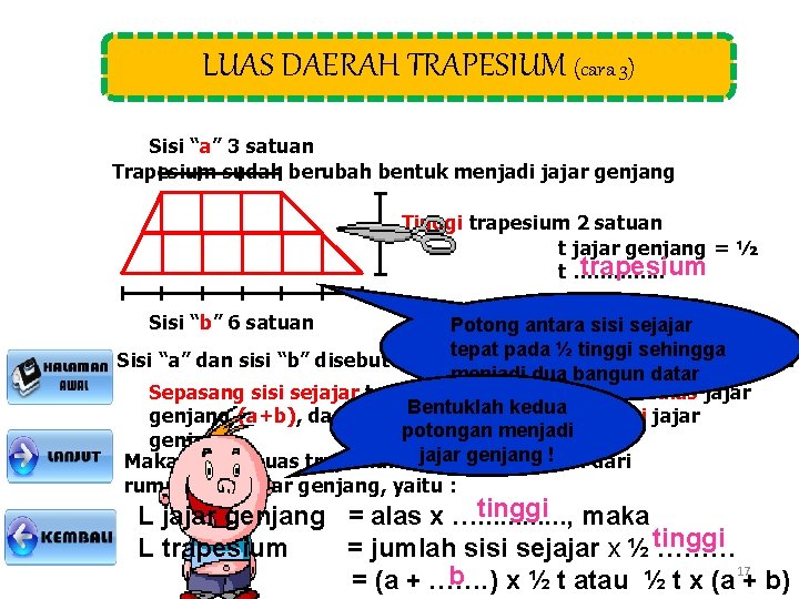 LUAS DAERAH TRAPESIUM (cara 3) Sisi “a” 3 satuan Trapesium sudah berubah bentuk menjadi