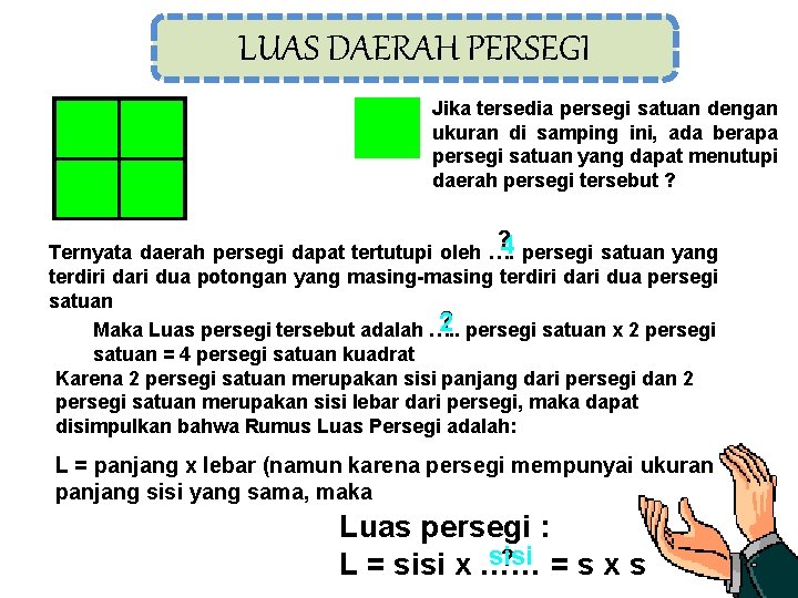 LUAS DAERAH PERSEGI Jika tersedia persegi satuan dengan ukuran di samping ini, ada berapa