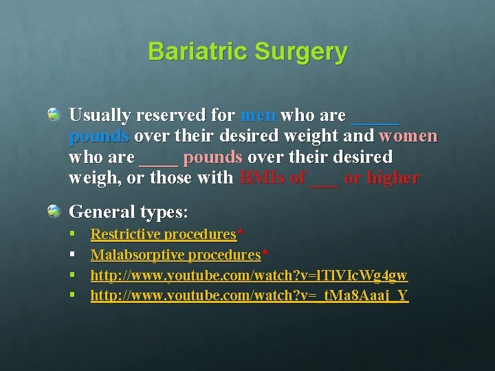 Bariatric Surgery Usually reserved for men who are _____ pounds over their desired weight