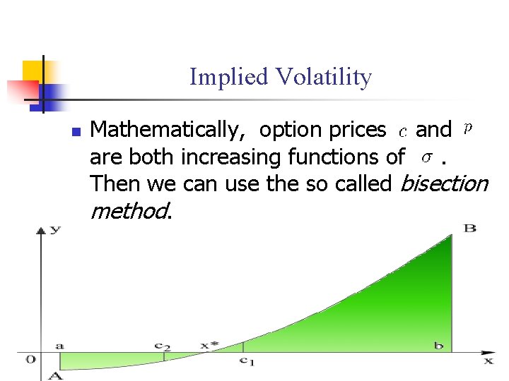 Implied Volatility n Mathematically, option prices and are both increasing functions of. Then we