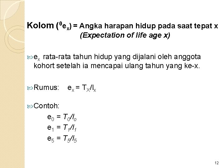 Kolom (0 ex) = Angka harapan hidup pada saat tepat x (Expectation of life