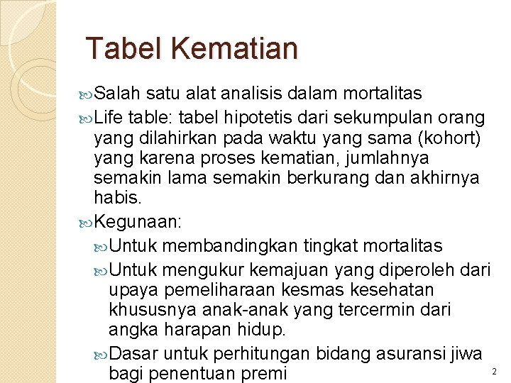 Tabel Kematian Salah satu alat analisis dalam mortalitas Life table: tabel hipotetis dari sekumpulan