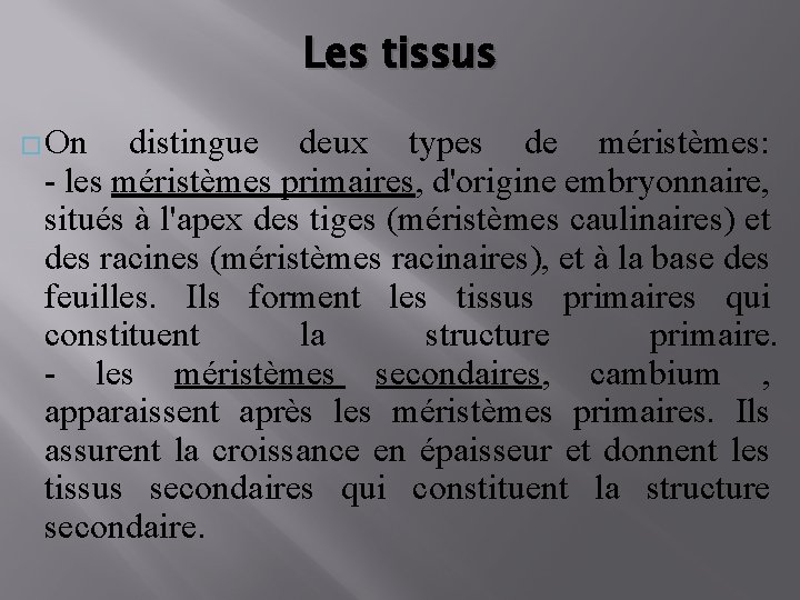 Les tissus �On distingue deux types de méristèmes: - les méristèmes primaires, d'origine embryonnaire,
