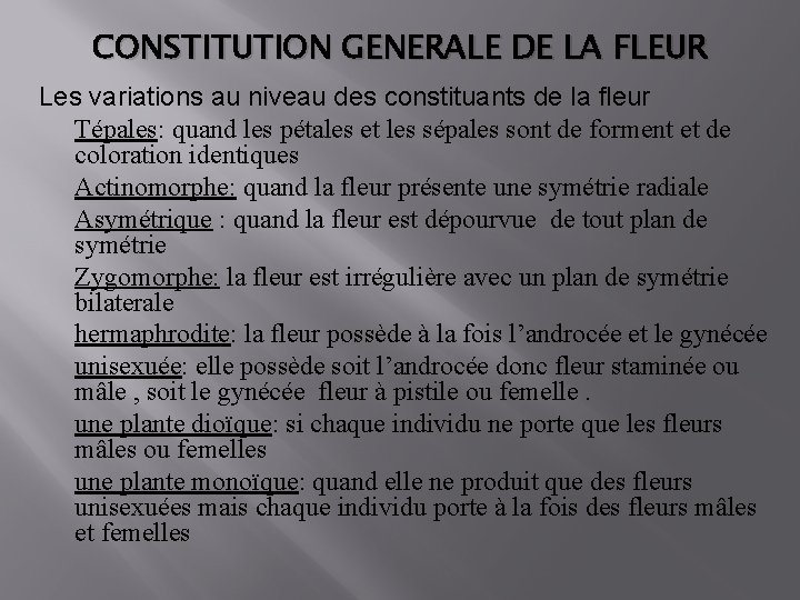 CONSTITUTION GENERALE DE LA FLEUR Les variations au niveau des constituants de la fleur