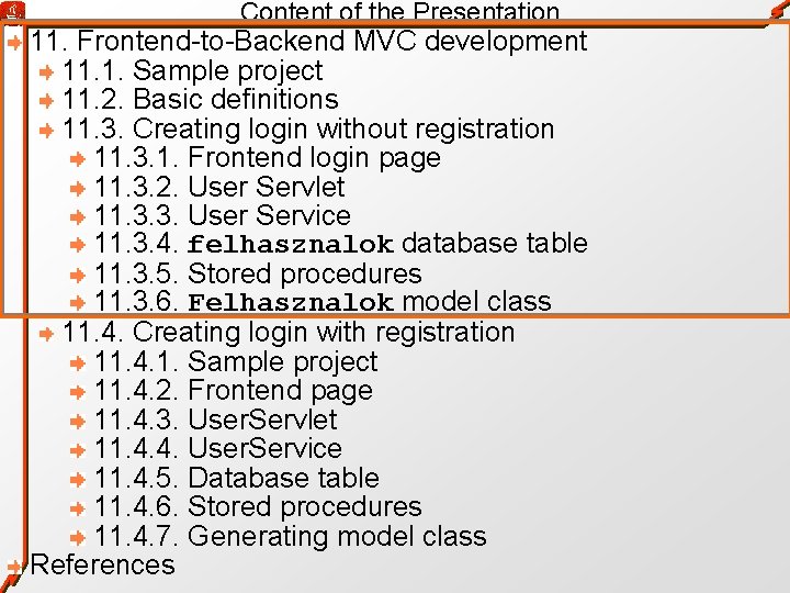 Content of the Presentation 11. Frontend-to-Backend MVC development 11. 1. Sample project 11. 2.