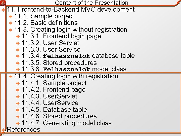 Content of the Presentation 11. Frontend-to-Backend MVC development 11. 1. Sample project 11. 2.