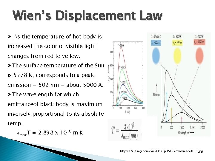 Wien’s Displacement Law Ø As the temperature of hot body is increased the color