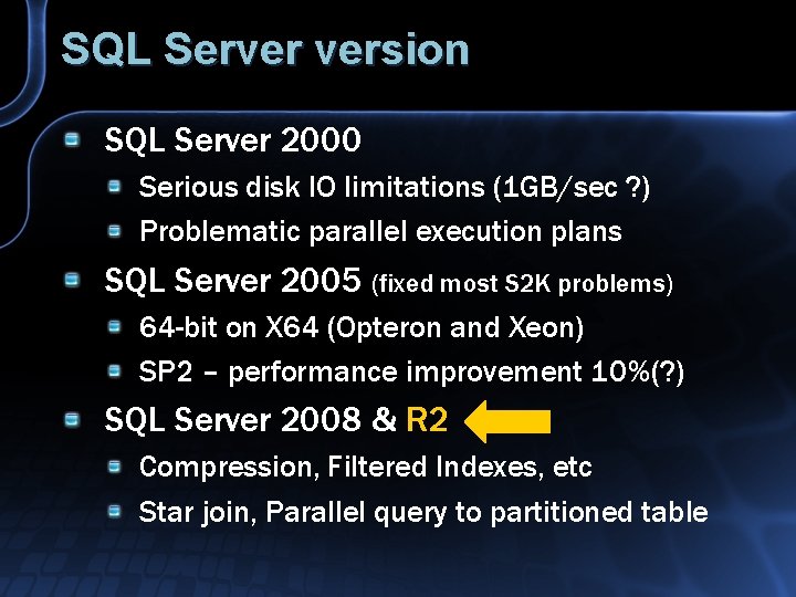 SQL Server version SQL Server 2000 Serious disk IO limitations (1 GB/sec ? )