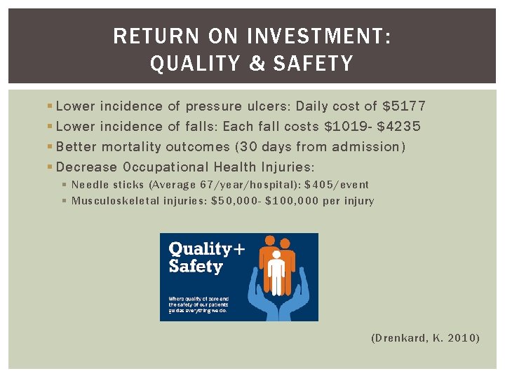 RETURN ON INVESTMENT: QUALITY & SAFETY § Lower incidence of pressure ulcers: Daily cost
