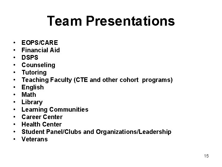 Team Presentations • • • • EOPS/CARE Financial Aid DSPS Counseling Tutoring Teaching Faculty