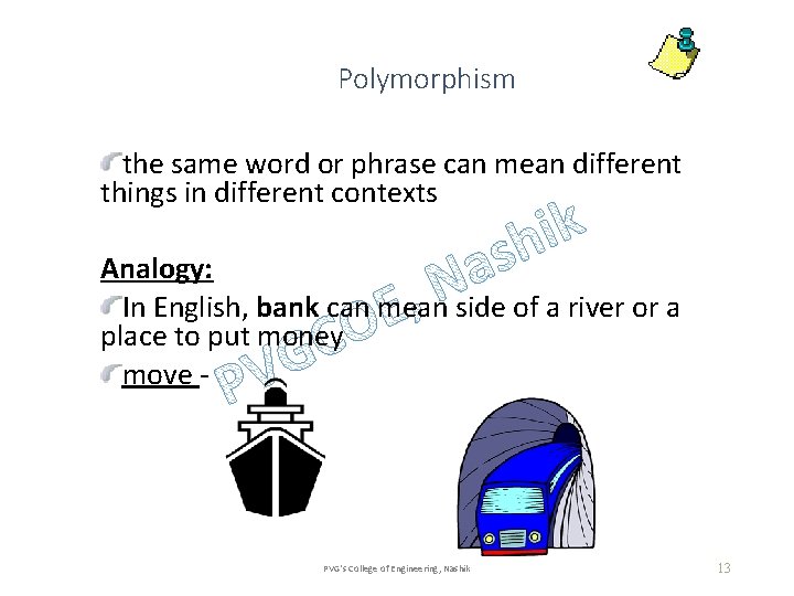 Polymorphism the same word or phrase can mean different things in different contexts Analogy: