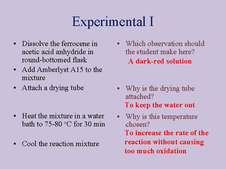Experimental I • Dissolve the ferrocene in acetic acid anhydride in round-bottomed flask •
