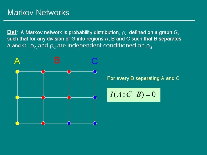 Markov Networks Def: A Markov network is probability distribution, ρ, defined on a graph
