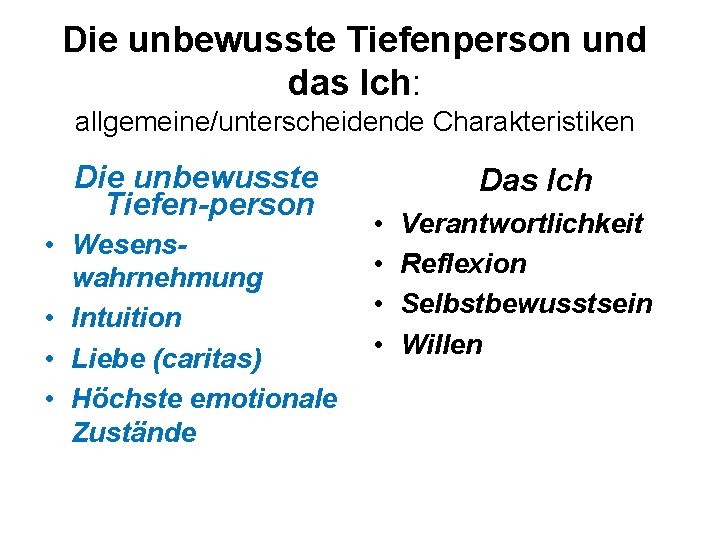 Die unbewusste Tiefenperson und das Ich: allgemeine/unterscheidende Charakteristiken Die unbewusste Tiefen-person • Wesenswahrnehmung •