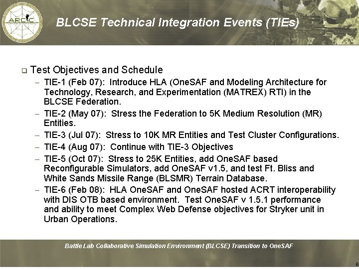 BLCSE Technical Integration Events (TIEs) q Test Objectives and Schedule – TIE-1 (Feb 07):