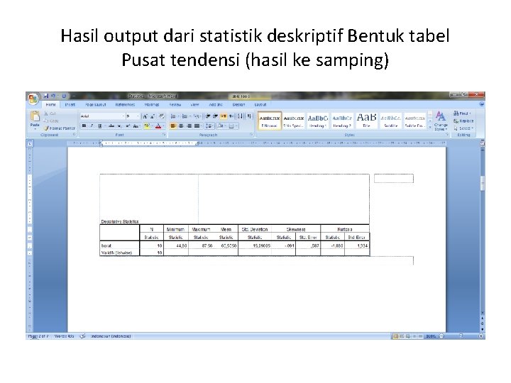 Hasil output dari statistik deskriptif Bentuk tabel Pusat tendensi (hasil ke samping) 