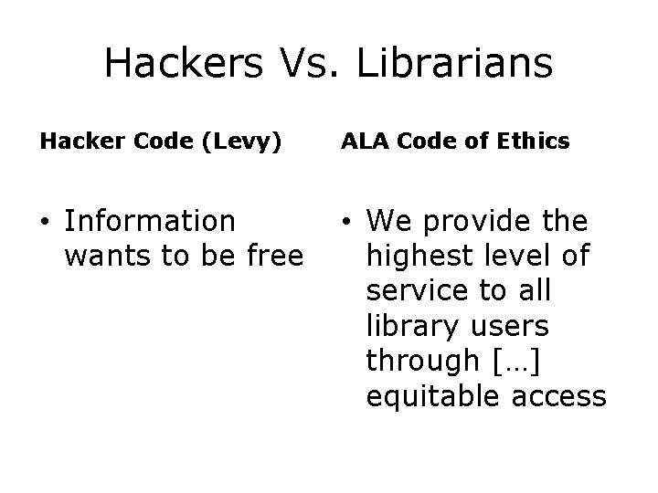 Hackers Vs. Librarians Hacker Code (Levy) ALA Code of Ethics • Information wants to