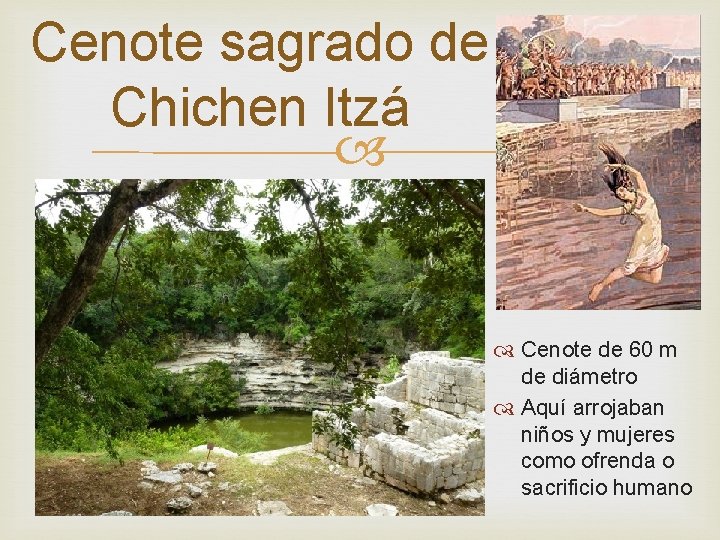 Cenote sagrado de Chichen Itzá Cenote de 60 m de diámetro Aquí arrojaban niños