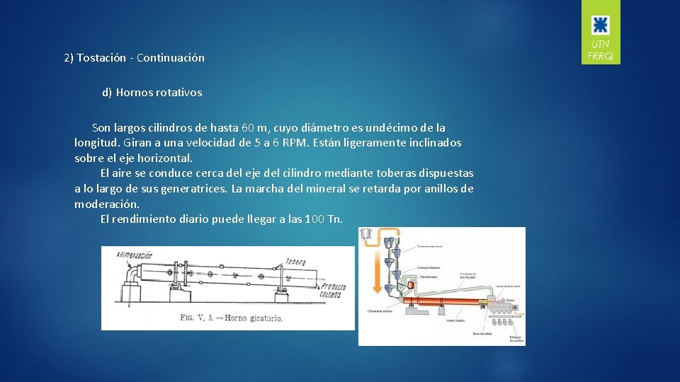 2) Tostación - Continuación d) Hornos rotativos Son largos cilindros de hasta 60 m,