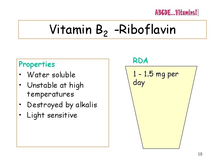 Vitamin B 2 -Riboflavin Properties • Water soluble • Unstable at high temperatures •