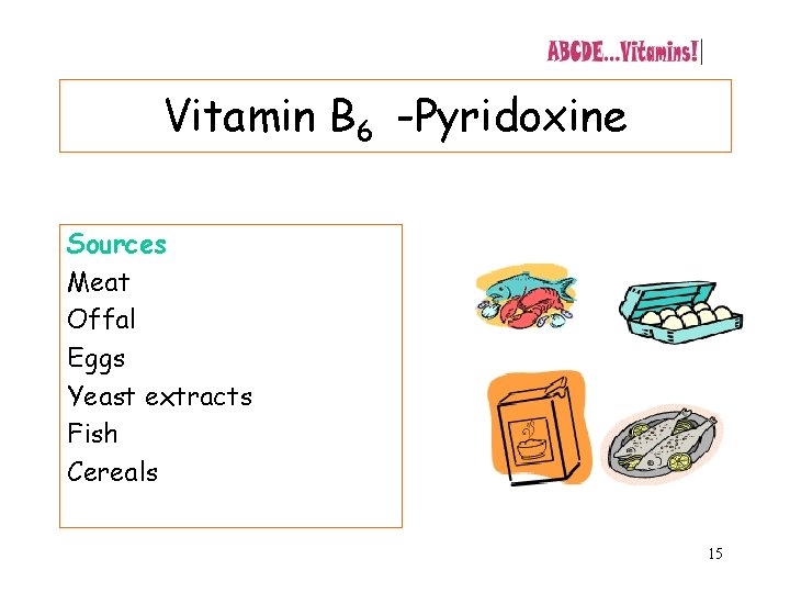 Vitamin B 6 -Pyridoxine Sources Meat Offal Eggs Yeast extracts Fish Cereals 15 