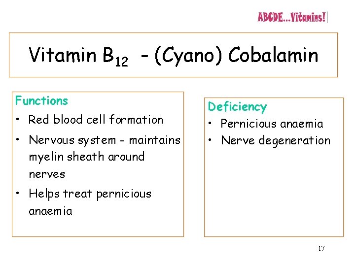 Vitamin B 12 - (Cyano) Cobalamin Functions • Red blood cell formation • Nervous