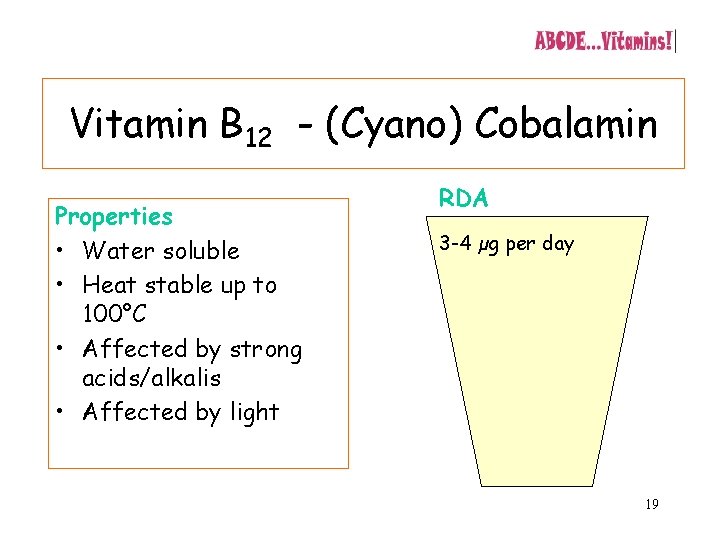 Vitamin B 12 - (Cyano) Cobalamin Properties • Water soluble • Heat stable up