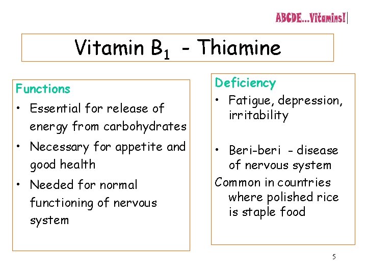 Vitamin B 1 - Thiamine Functions • Essential for release of energy from carbohydrates