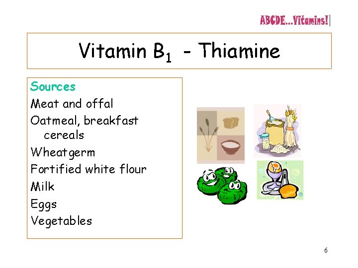 Vitamin B 1 - Thiamine Sources Meat and offal Oatmeal, breakfast cereals Wheatgerm Fortified