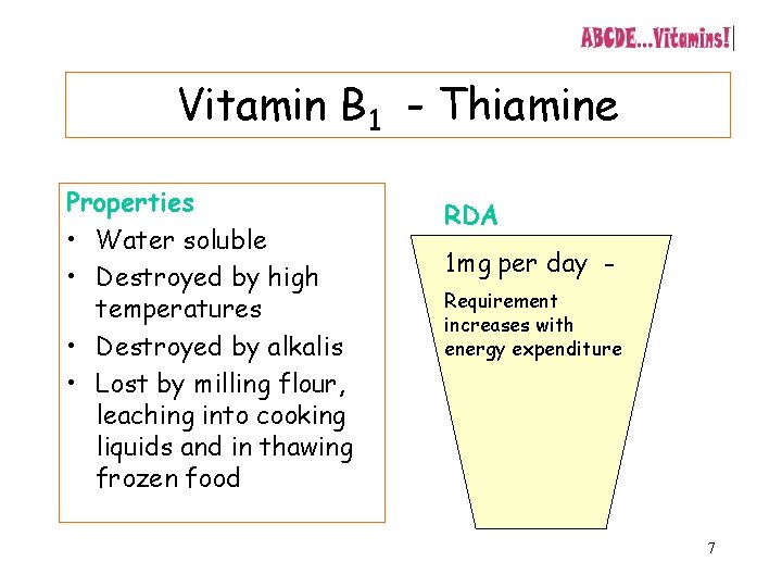 Vitamin B 1 - Thiamine Properties • Water soluble • Destroyed by high temperatures