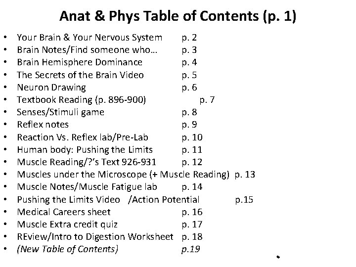 Anat & Phys Table of Contents (p. 1) • • • • • Your