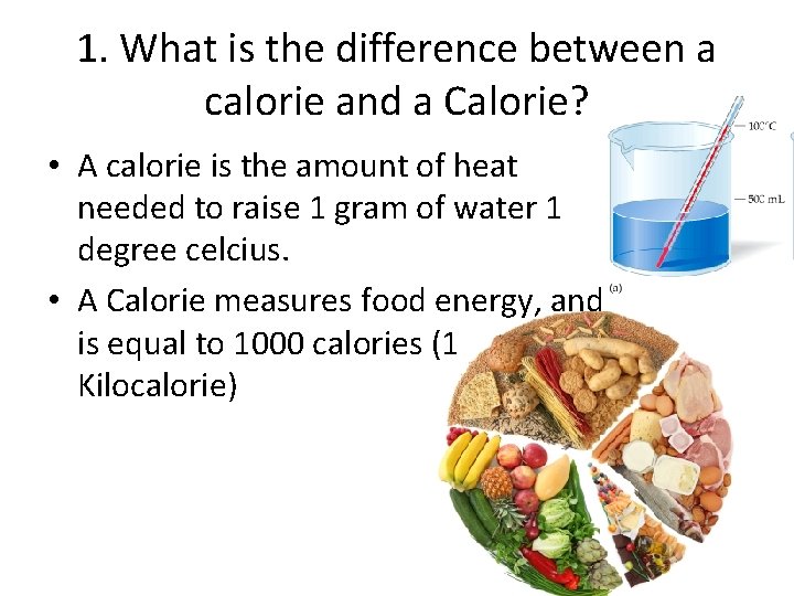 1. What is the difference between a calorie and a Calorie? • A calorie