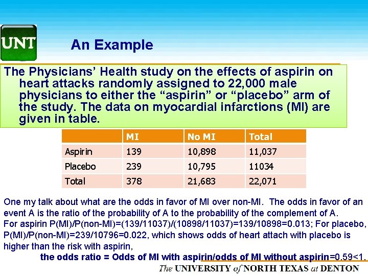 An Example The Physicians’ Health study on the effects of aspirin on heart attacks