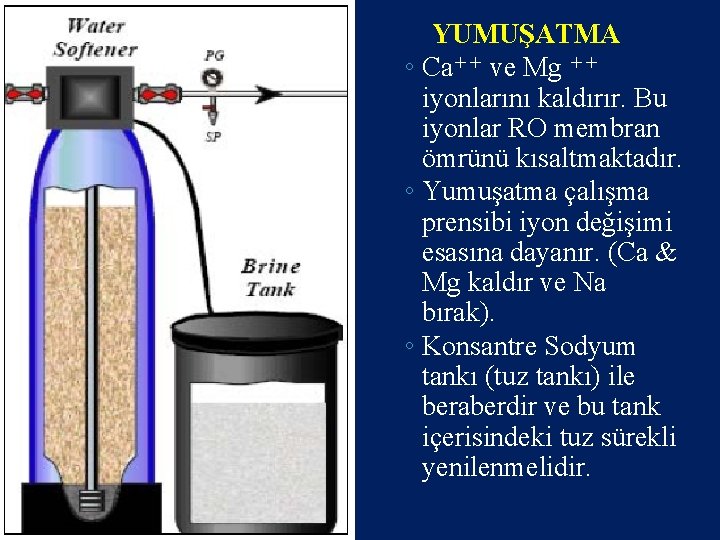 YUMUŞATMA ◦ Ca++ ve Mg ++ iyonlarını kaldırır. Bu iyonlar RO membran ömrünü kısaltmaktadır.