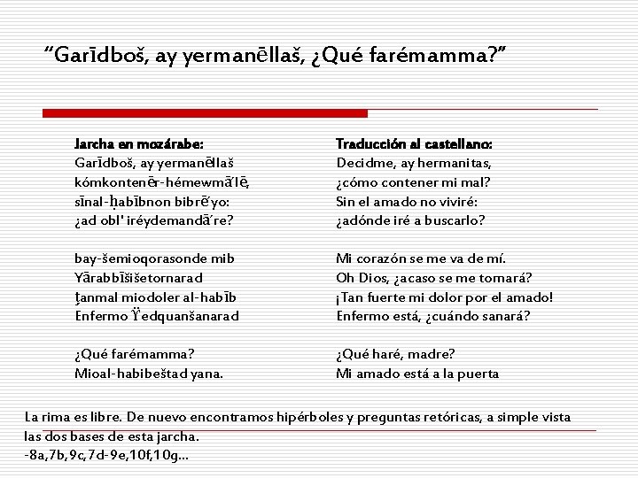 “Garīdboš, ay yermanēllaš, ¿Qué farémamma? ” Jarcha en mozárabe: Garīdboš, ay yermanēllaš kómkontenēr-hémewmā´lē, sīnal-ḥabībnon
