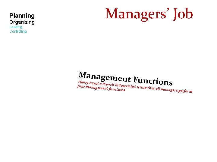 Planning Organizing Managers’ Job Leading Controlling Managemen t Functions Henry Fayol a French Ind