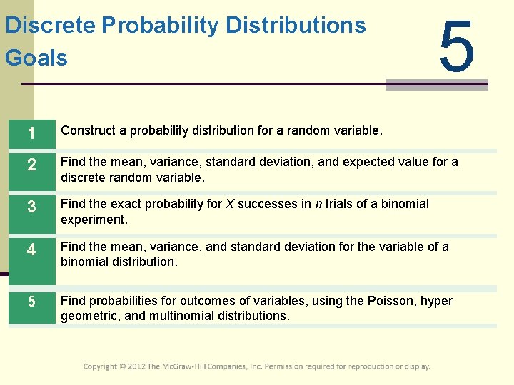 Discrete Probability Distributions Goals 5 1 Construct a probability distribution for a random variable.