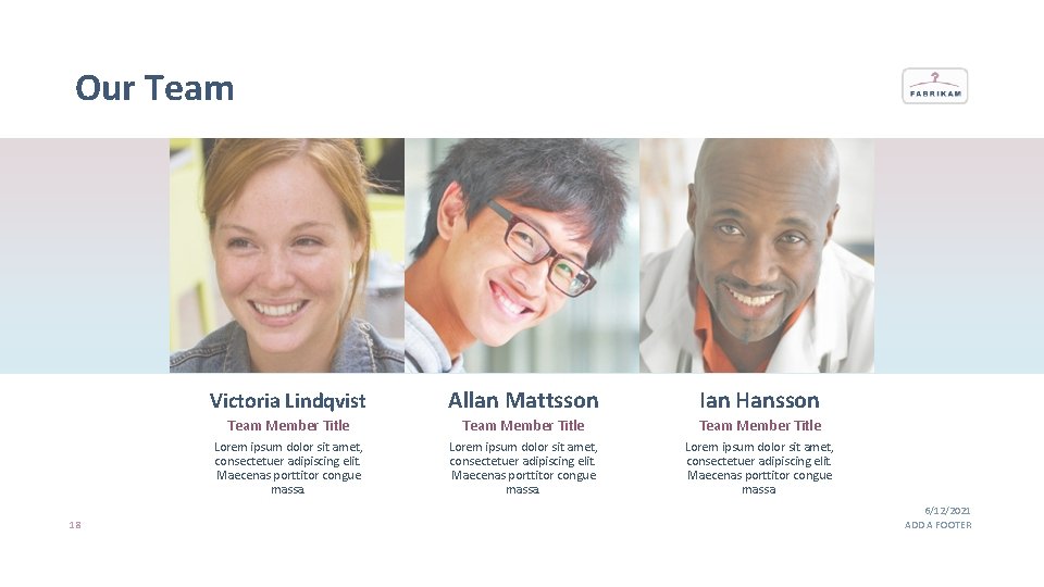 Our Team 18 Victoria Lindqvist Allan Mattsson Ian Hansson Team Member Title Lorem ipsum