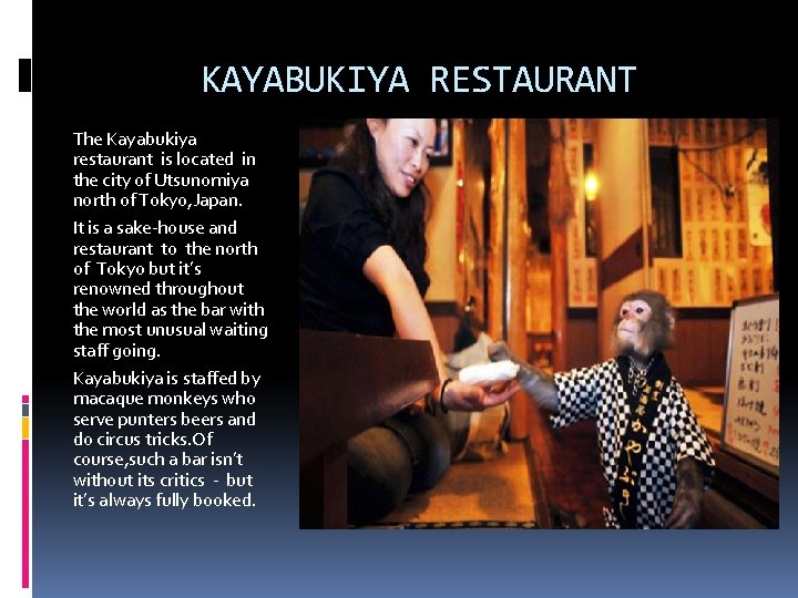 KAYABUKIYA RESTAURANT The Kayabukiya restaurant is located in the city of Utsunomiya north of