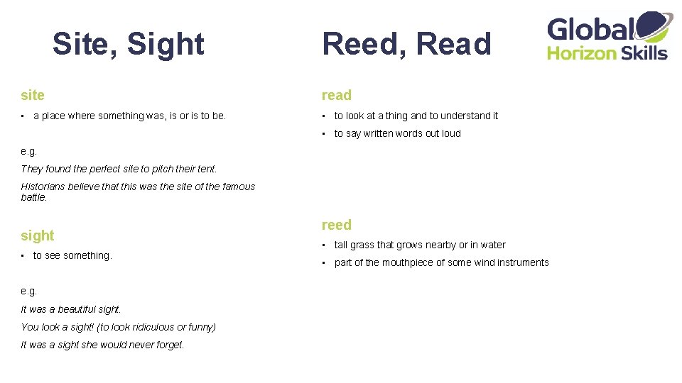 Site, Sight Reed, Read site read • a place where something was, is or