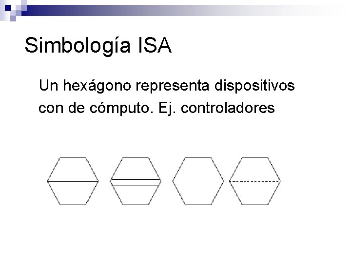 Simbología ISA Un hexágono representa dispositivos con de cómputo. Ej. controladores 