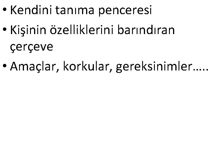  • Kendini tanıma penceresi • Kişinin özelliklerini barındıran çerçeve • Amaçlar, korkular, gereksinimler….