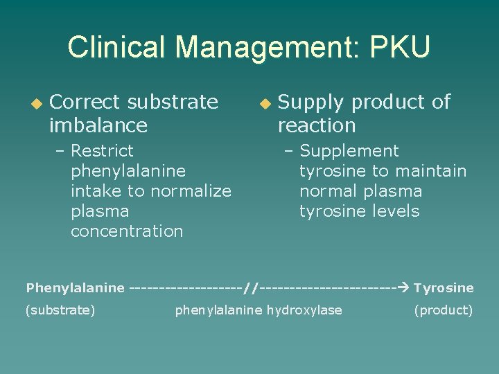 Clinical Management: PKU u Correct substrate imbalance – Restrict phenylalanine intake to normalize plasma