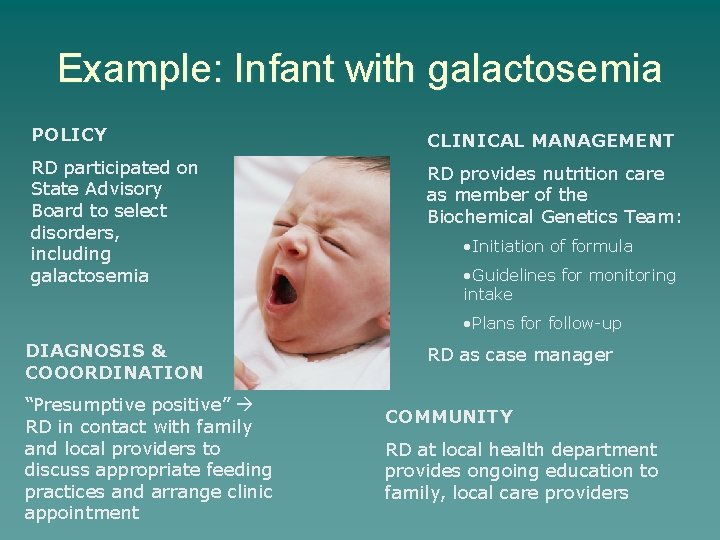 Example: Infant with galactosemia POLICY CLINICAL MANAGEMENT RD participated on State Advisory Board to